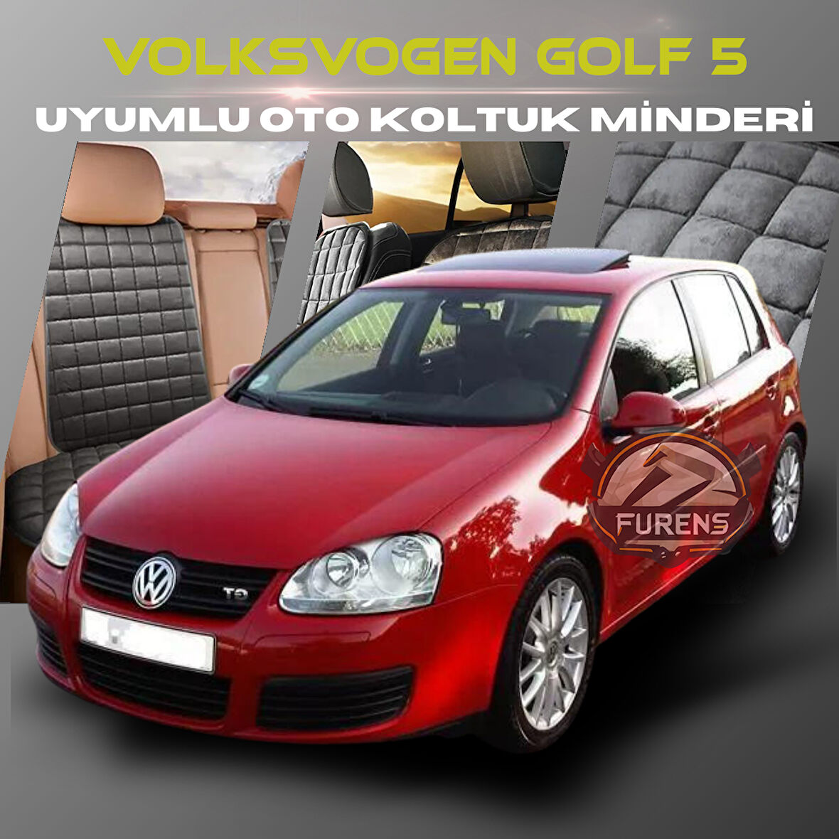 Volksvogen Golf 5 Antrasit Renk Tay Tüyü Cepli & Terletmez Sırtlı Oto Koltuk Minder Seti - Koltuk Koruma Kılıfı (ÖN & ARKA TAM SET)