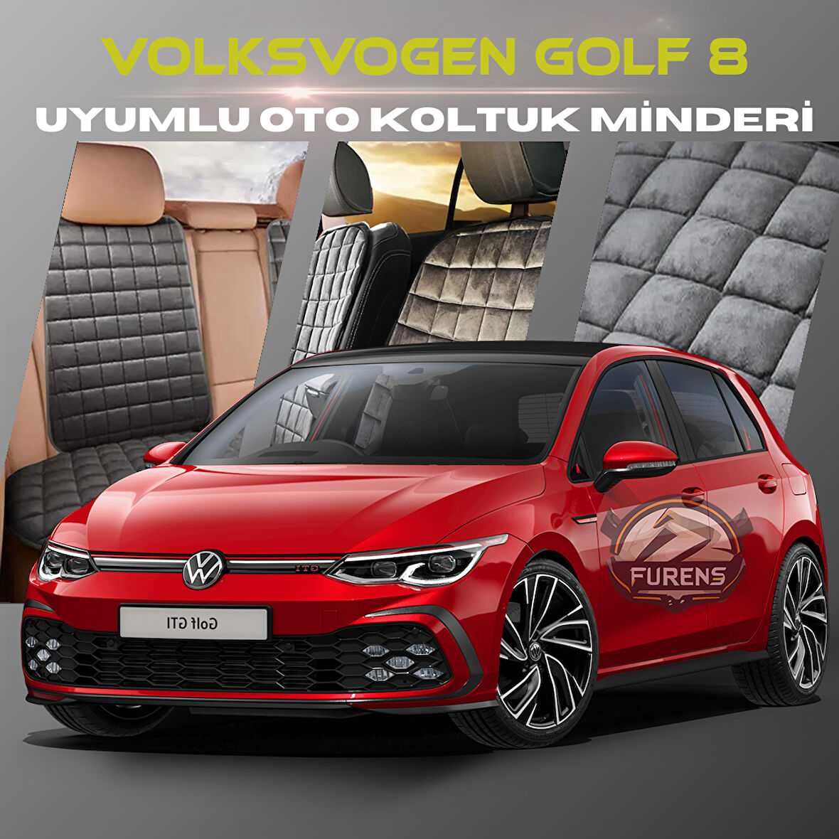 Volksvogen Golf 8 Antrasit Renk Tay Tüyü Cepli & Terletmez Sırtlı Oto Koltuk Minder Seti - Koltuk Koruma Kılıfı (ÖN & ARKA TAM SET)
