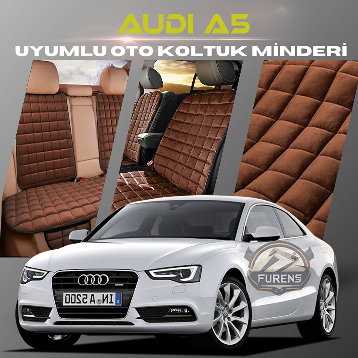 Audi A5 Kahverengi Renk Tay Tüyü Cepli & Terletmez Sırtlı Oto Koltuk Minder Seti - Koltuk Koruma Kılıfı (ÖN & ARKA TAM SET)