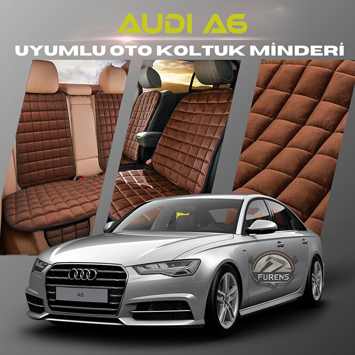 Audi A6  Kahverengi Renk Tay Tüyü Cepli & Terletmez Sırtlı Oto Koltuk Minder Seti - Koltuk Koruma Kılıfı (ÖN & ARKA TAM SET)