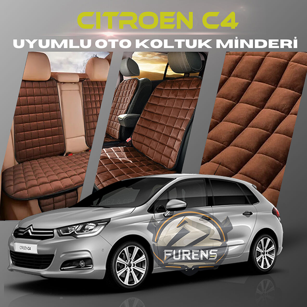 Citroen C4 Kahverengi Renk Tay Tüyü Cepli & Terletmez Sırtlı Oto Koltuk Minder Seti - Koltuk Koruma Kılıfı (ÖN & ARKA TAM SET)