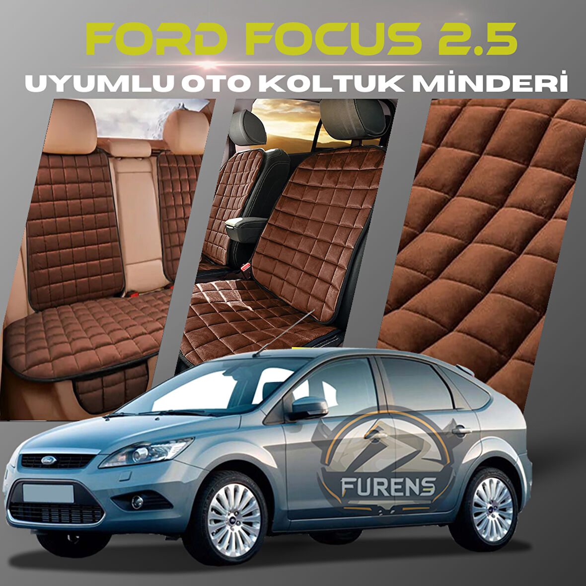 Ford Focus 2.5 Kahverengi Renk Tay Tüyü Cepli & Terletmez Sırtlı Oto Koltuk Minder Seti - Koltuk Koruma Kılıfı (ÖN & ARKA TAM SET)