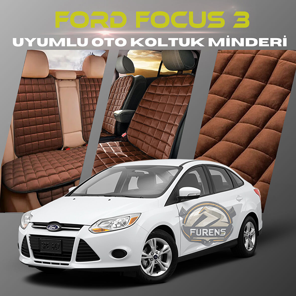 Ford Focus 3 Kahverengi Renk Tay Tüyü Cepli & Terletmez Sırtlı Oto Koltuk Minder Seti - Koltuk Koruma Kılıfı (ÖN & ARKA TAM SET)
