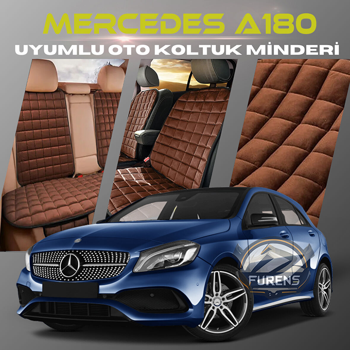 Mercedes A180 Kahverengi Renk Tay Tüyü Cepli & Terletmez Sırtlı Oto Koltuk Minder Seti - Koltuk Koruma Kılıfı (ÖN & ARKA TAM SET)