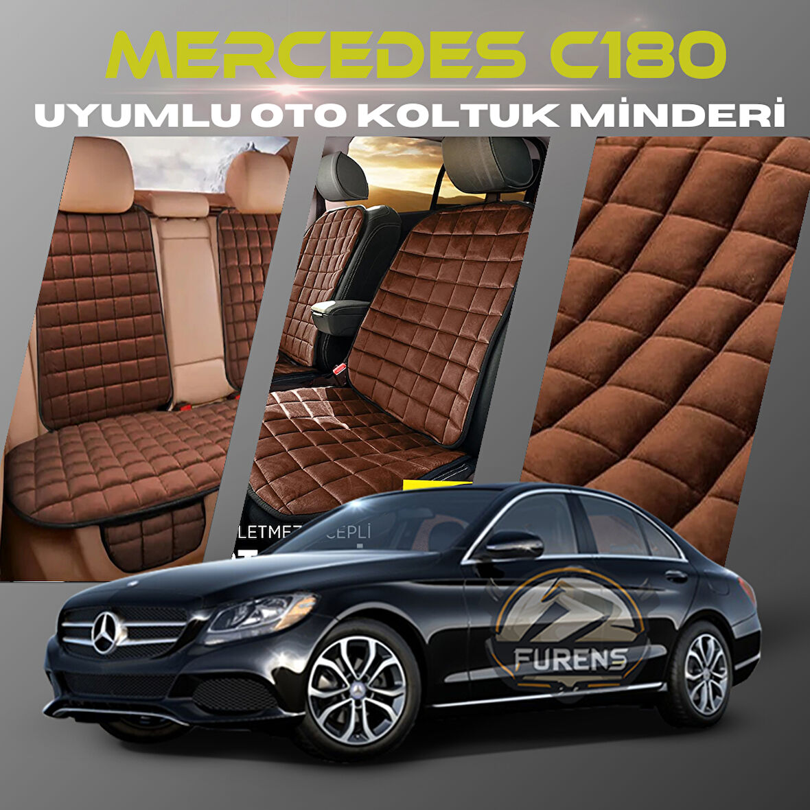 Mercedes C180 Kahverengi Renk Tay Tüyü Cepli & Terletmez Sırtlı Oto Koltuk Minder Seti - Koltuk Koruma Kılıfı (ÖN & ARKA TAM SET)