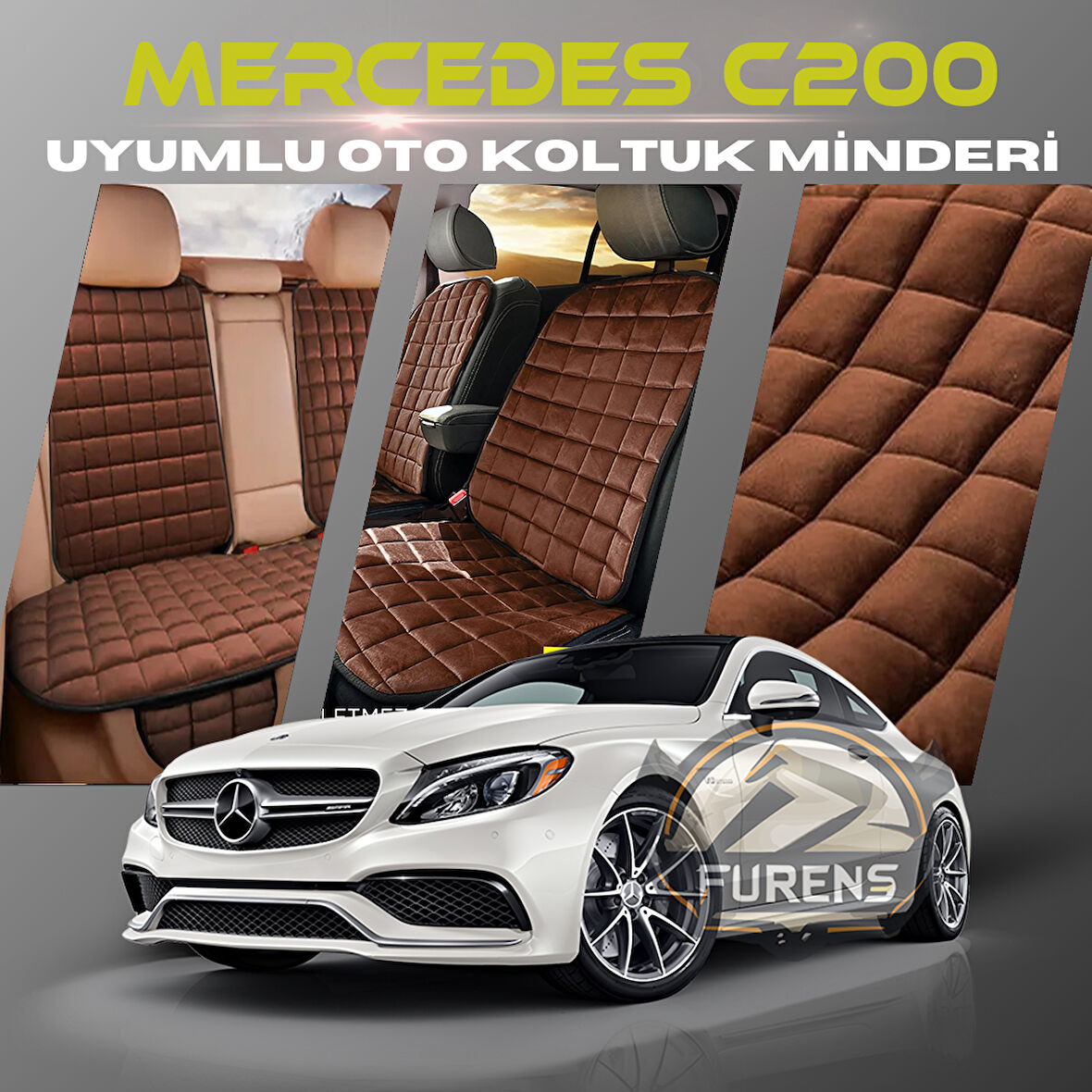 Mercedes C200 Kahverengi Renk Tay Tüyü Cepli & Terletmez Sırtlı Oto Koltuk Minder Seti - Koltuk Koruma Kılıfı (ÖN & ARKA TAM SET)