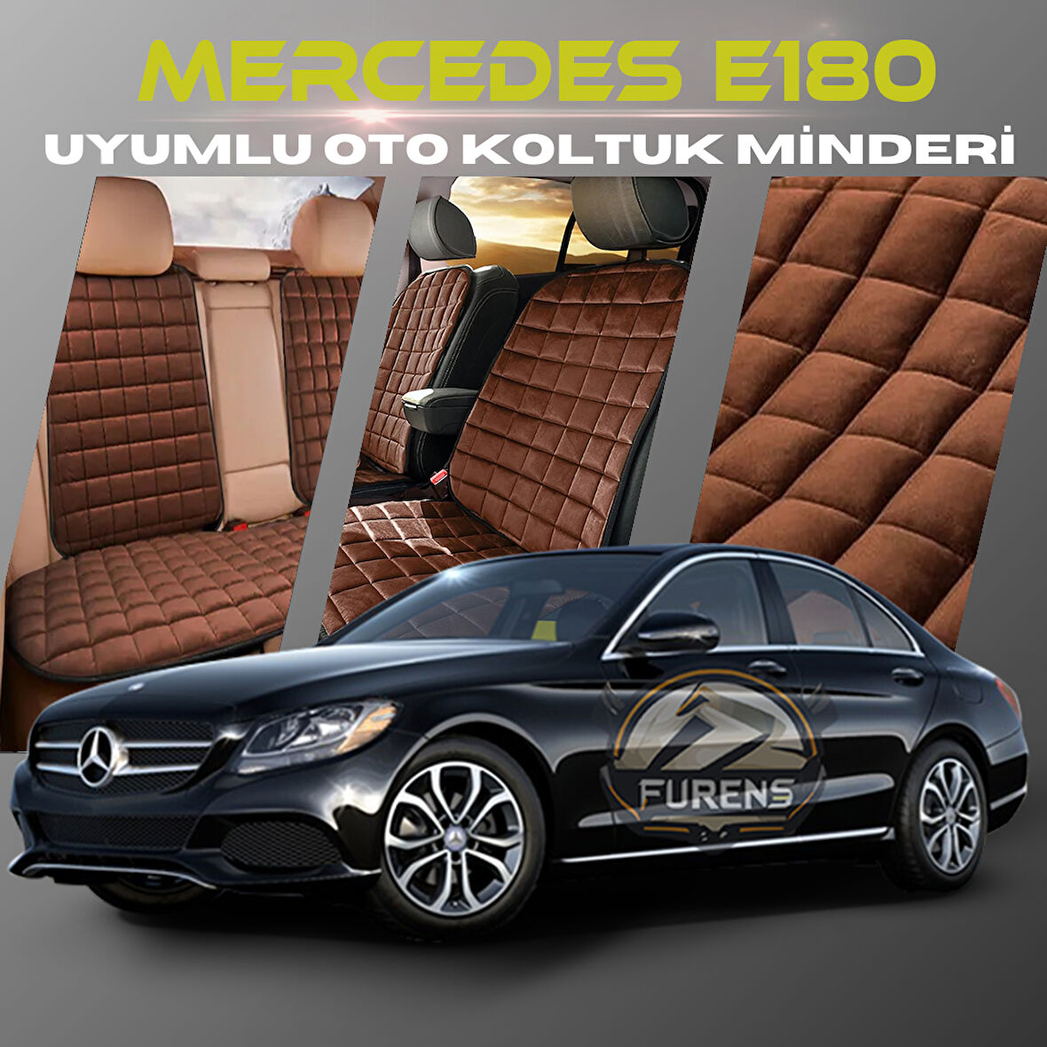 Mercedes E180 Kahverengi Renk Tay Tüyü Cepli & Terletmez Sırtlı Oto Koltuk Minder Seti - Koltuk Koruma Kılıfı (ÖN & ARKA TAM SET)