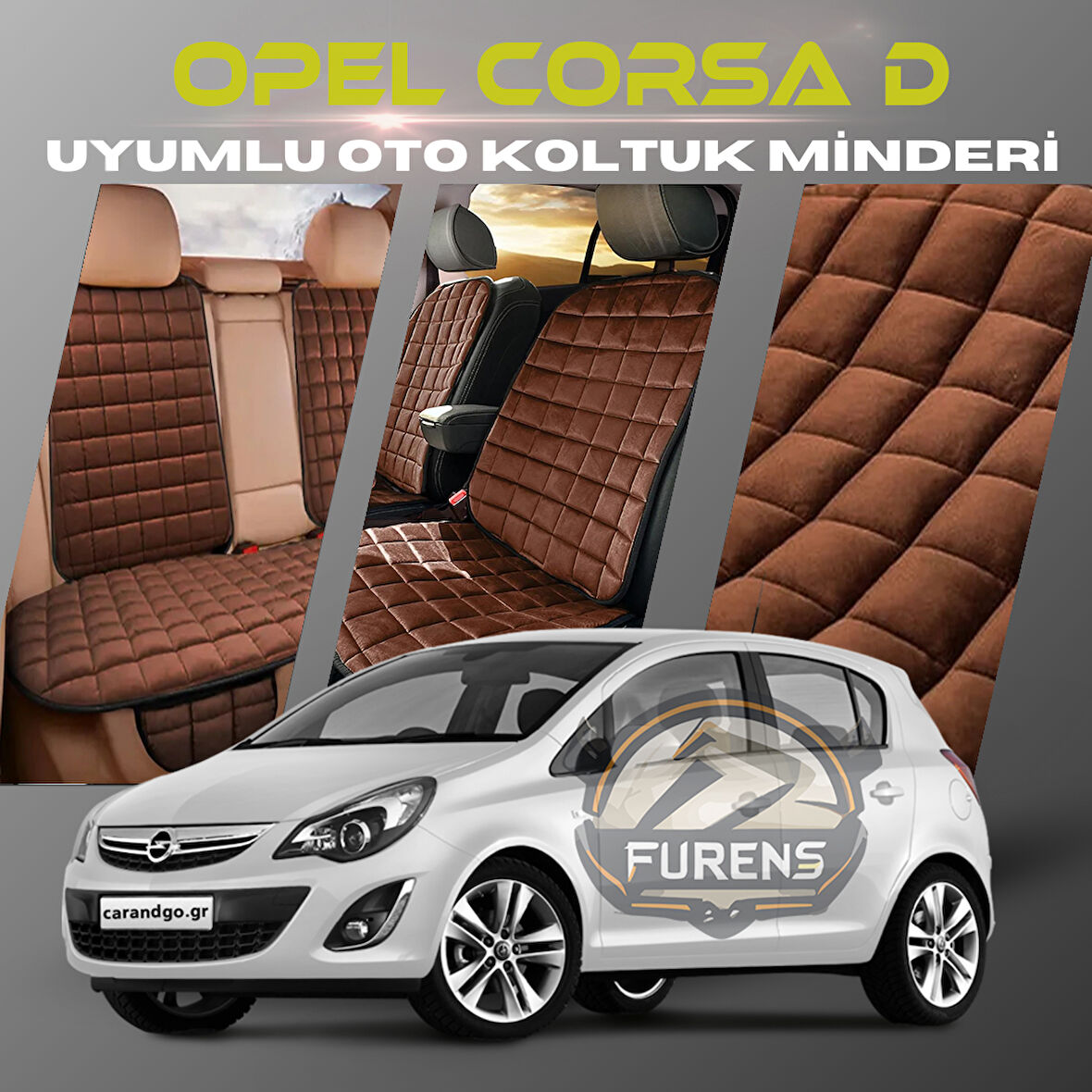 Opel Corsa D Kahverengi Renk Tay Tüyü Cepli & Terletmez Sırtlı Oto Koltuk Minder Seti - Koltuk Koruma Kılıfı (ÖN & ARKA TAM SET)