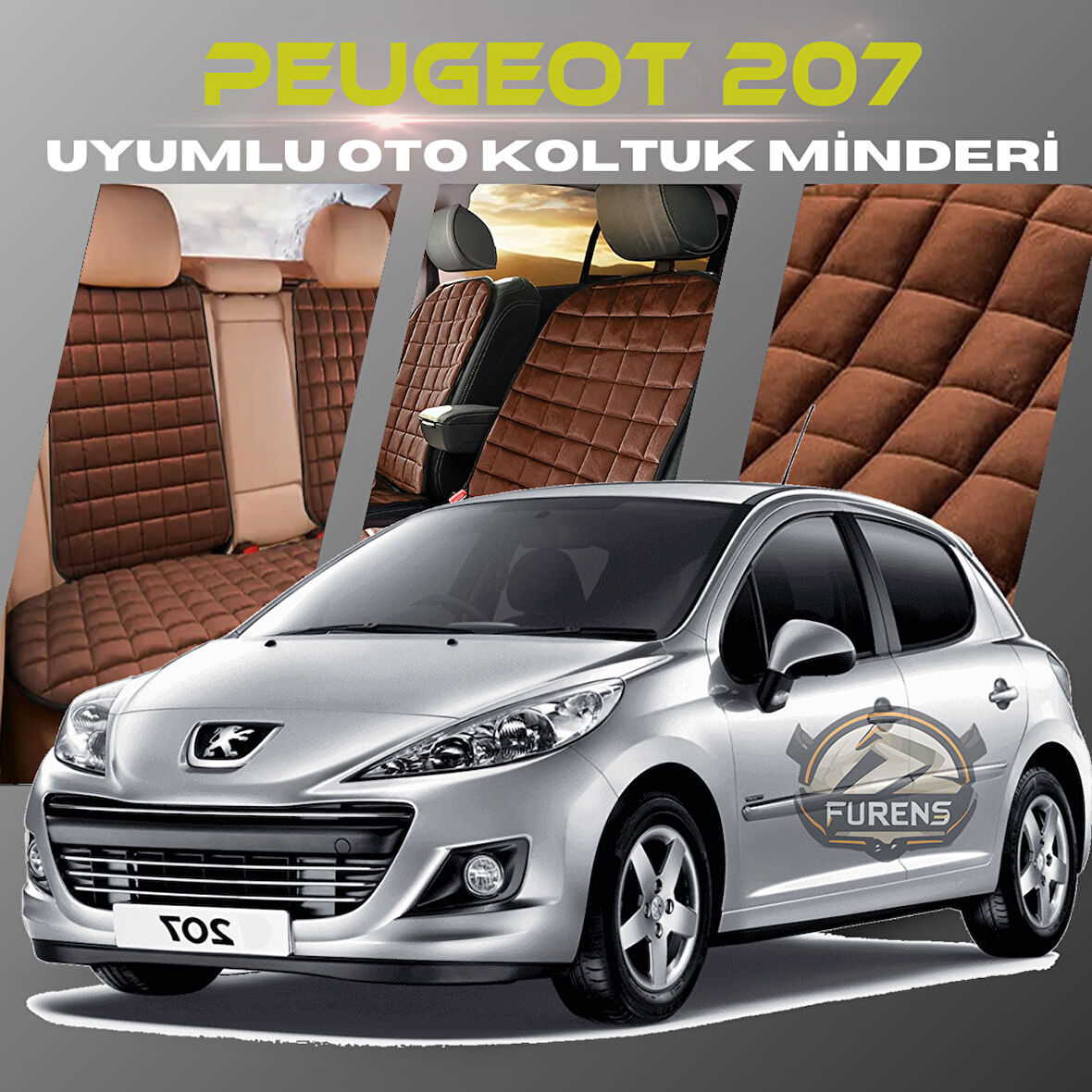 Peugeot 207 Kahverengi Renk Tay Tüyü Cepli & Terletmez Sırtlı Oto Koltuk Minder Seti - Koltuk Koruma Kılıfı (ÖN & ARKA TAM SET)