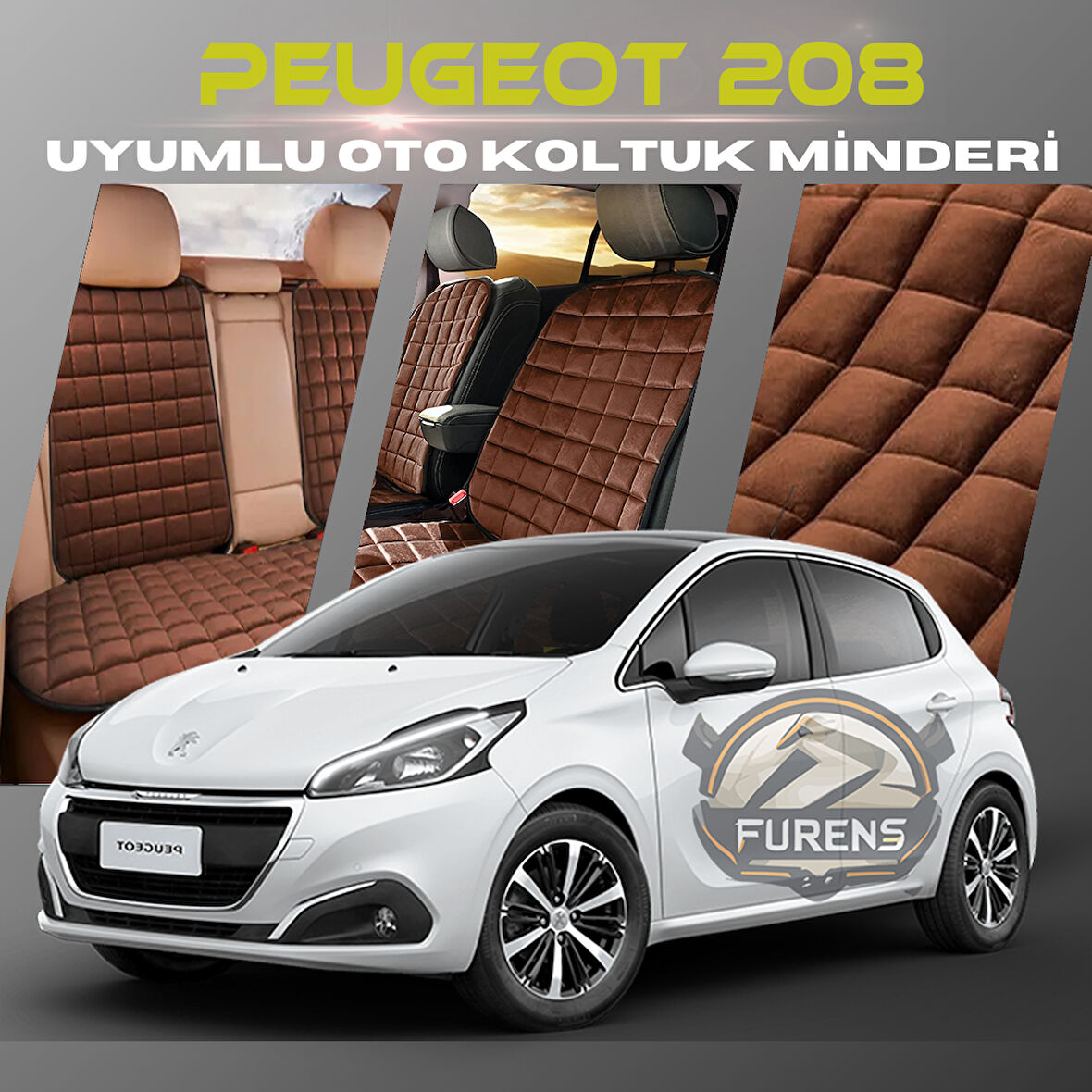 Peugeot 208 Kahverengi Renk Tay Tüyü Cepli & Terletmez Sırtlı Oto Koltuk Minder Seti - Koltuk Koruma Kılıfı (ÖN & ARKA TAM SET)