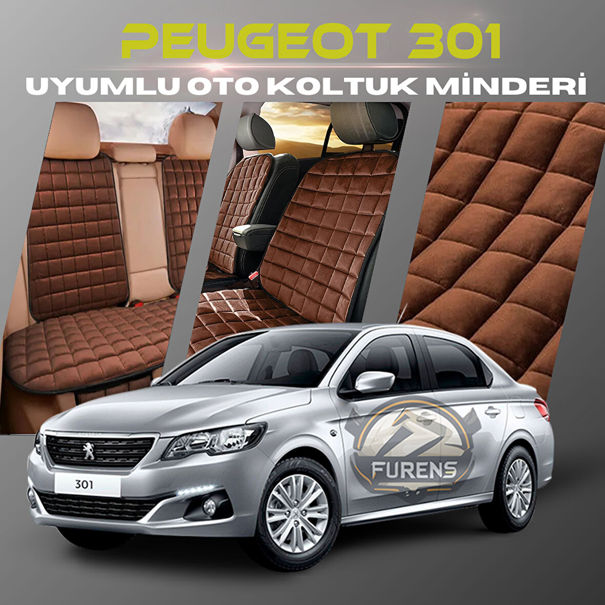 Peugeot 301 Kahverengi Renk Tay Tüyü Cepli & Terletmez Sırtlı Oto Koltuk Minder Seti - Koltuk Koruma Kılıfı (ÖN & ARKA TAM SET)