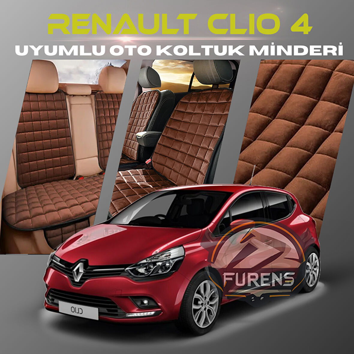 Renault Clio 4 Kahverengi Renk Tay Tüyü Cepli & Terletmez Sırtlı Oto Koltuk Minder Seti - Koltuk Koruma Kılıfı (ÖN & ARKA TAM SET)
