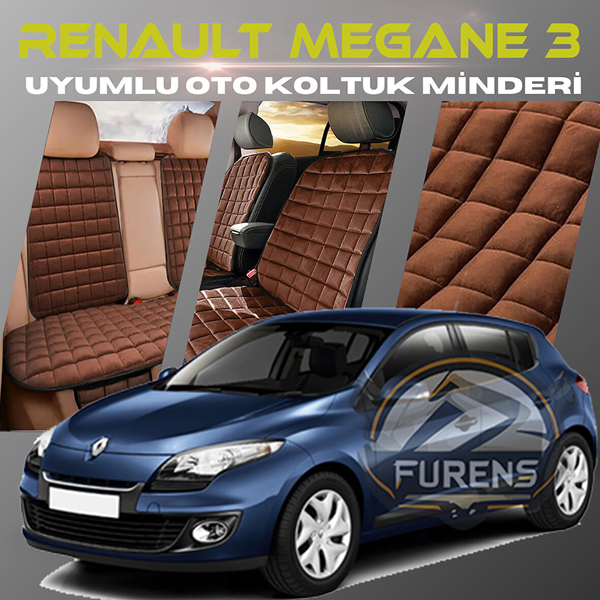 Renault Megane 3 Kahverengi Renk Tay Tüyü Cepli & Terletmez Sırtlı Oto Koltuk Minder Seti - Koltuk Koruma Kılıfı (ÖN & ARKA TAM SET)