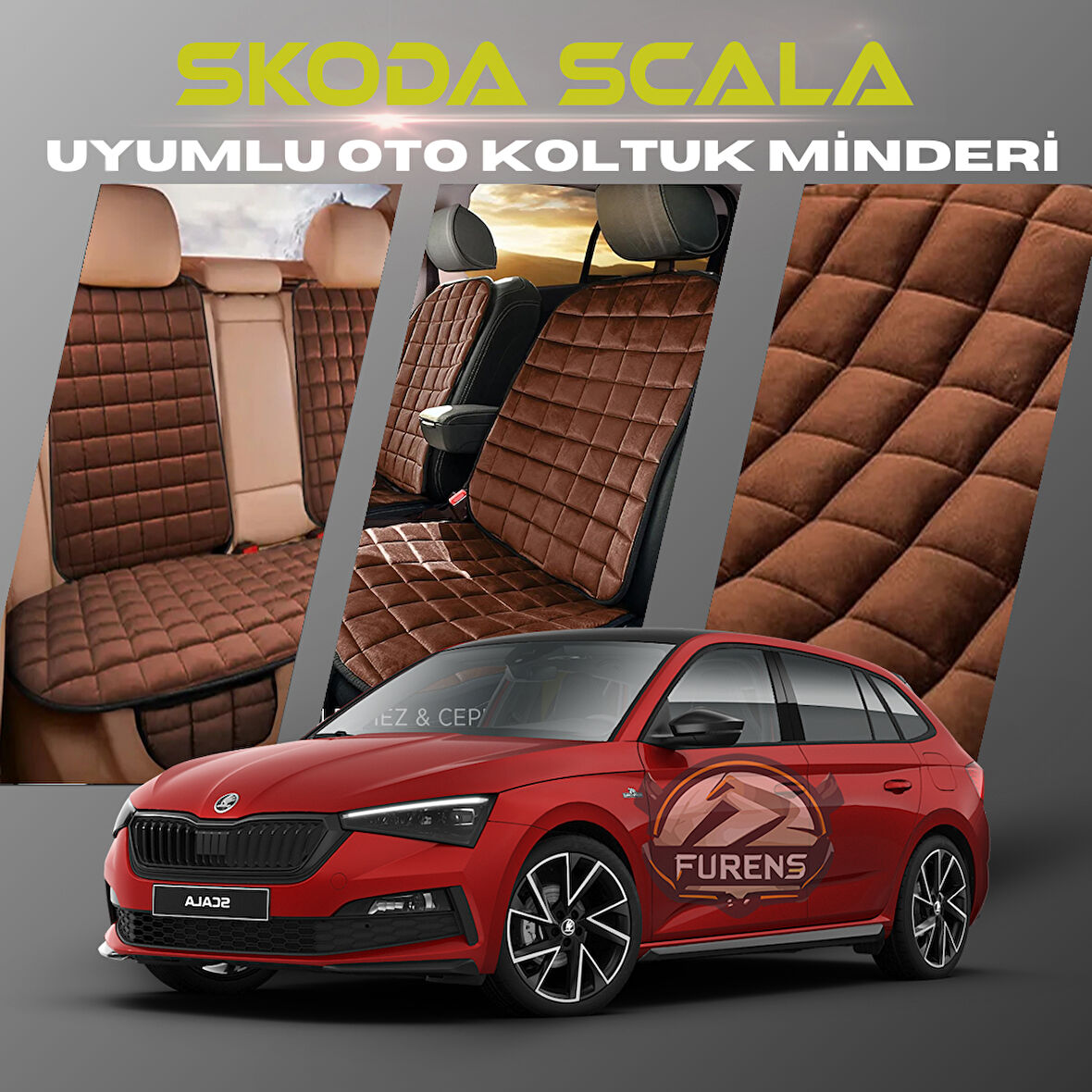 Skoda Scala Kahverengi Renk Tay Tüyü Cepli & Terletmez Sırtlı Oto Koltuk Minder Seti - Koltuk Koruma Kılıfı (ÖN & ARKA TAM SET)