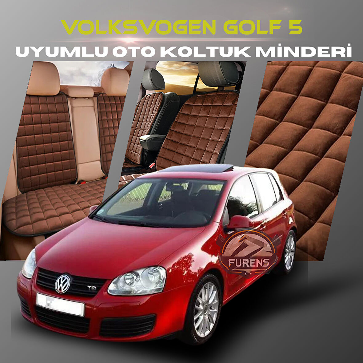 Volksvogen Golf 5 Kahverengi Renk Tay Tüyü Cepli & Terletmez Sırtlı Oto Koltuk Minder Seti - Koltuk Koruma Kılıfı (ÖN & ARKA TAM SET)