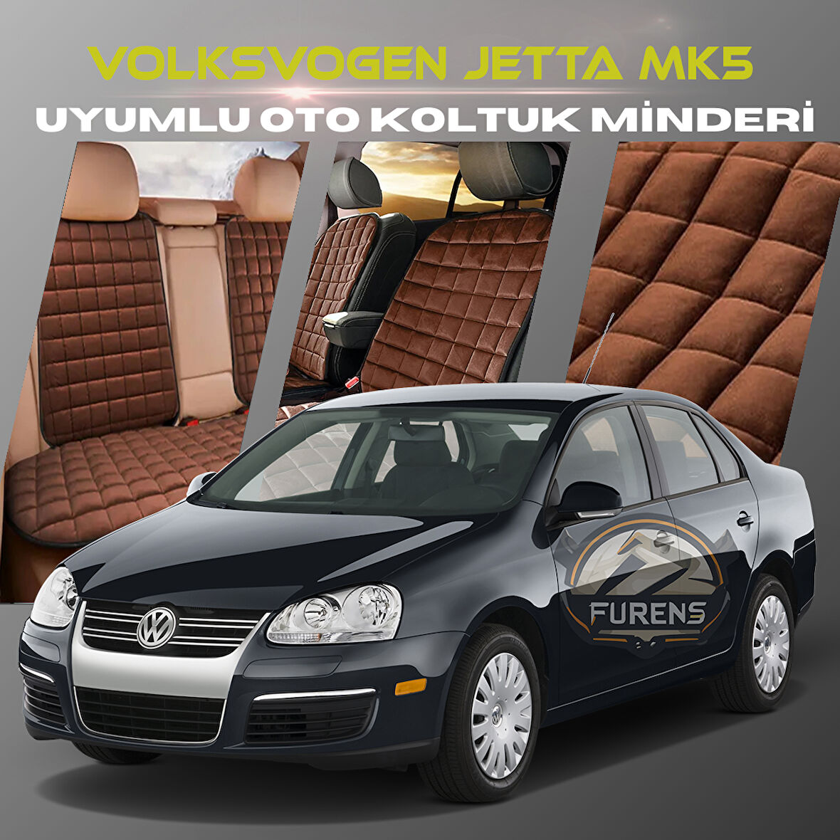 Volksvogen Jetta Mk5 Kahverengi Renk Tay Tüyü Cepli & Terletmez Sırtlı Oto Koltuk Minder Seti - Koltuk Koruma Kılıfı (ÖN & ARKA TAM SET)