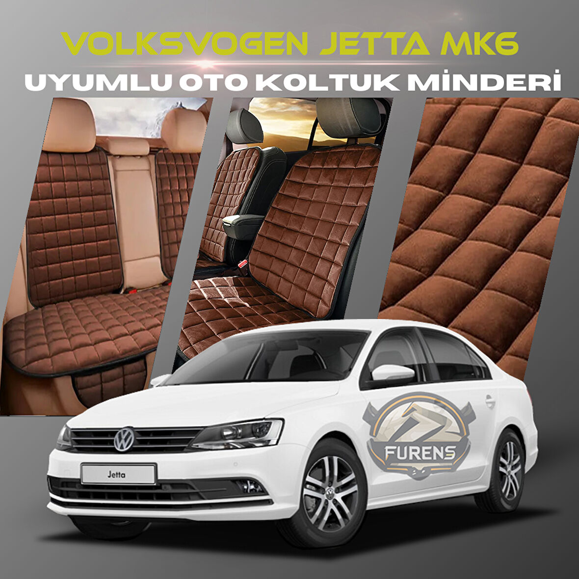 Volksvogen Jetta mk6 Kahverengi Renk Tay Tüyü Cepli & Terletmez Sırtlı Oto Koltuk Minder Seti - Koltuk Koruma Kılıfı (ÖN & ARKA TAM SET)