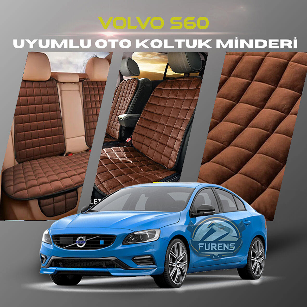 Volvo S60 Kahverengi Renk Tay Tüyü Cepli & Terletmez Sırtlı Oto Koltuk Minder Seti - Koltuk Koruma Kılıfı (ÖN & ARKA TAM SET)