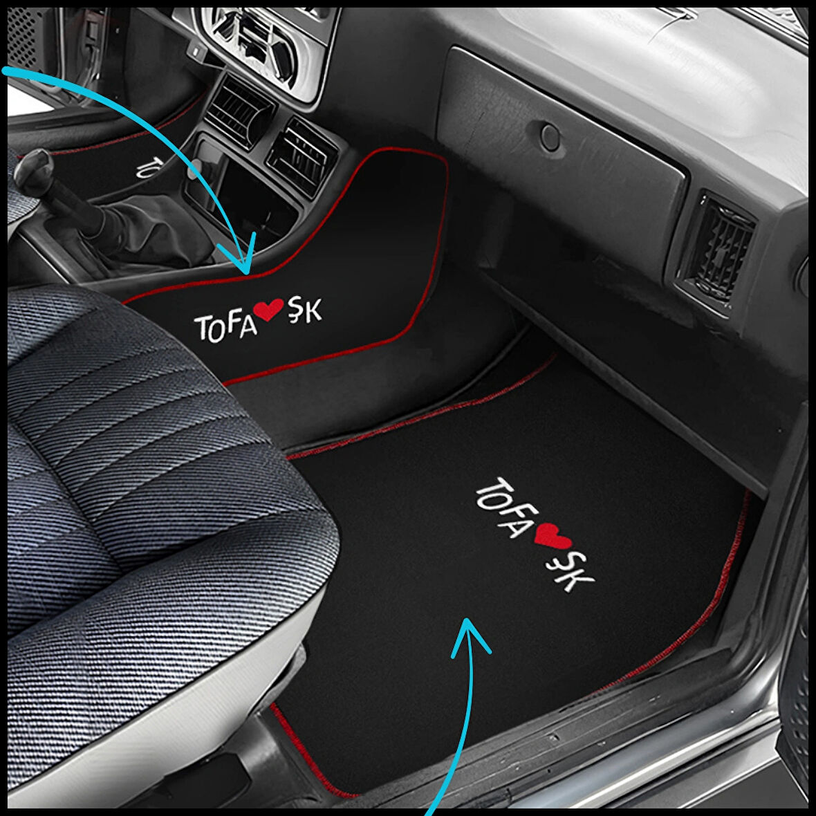  Tofaş Şahin Doğan Kartal Siyah Vites Orta Konsol Yan Kaplama Halısı & Oto Halı Paspas Seti – Nakışlı