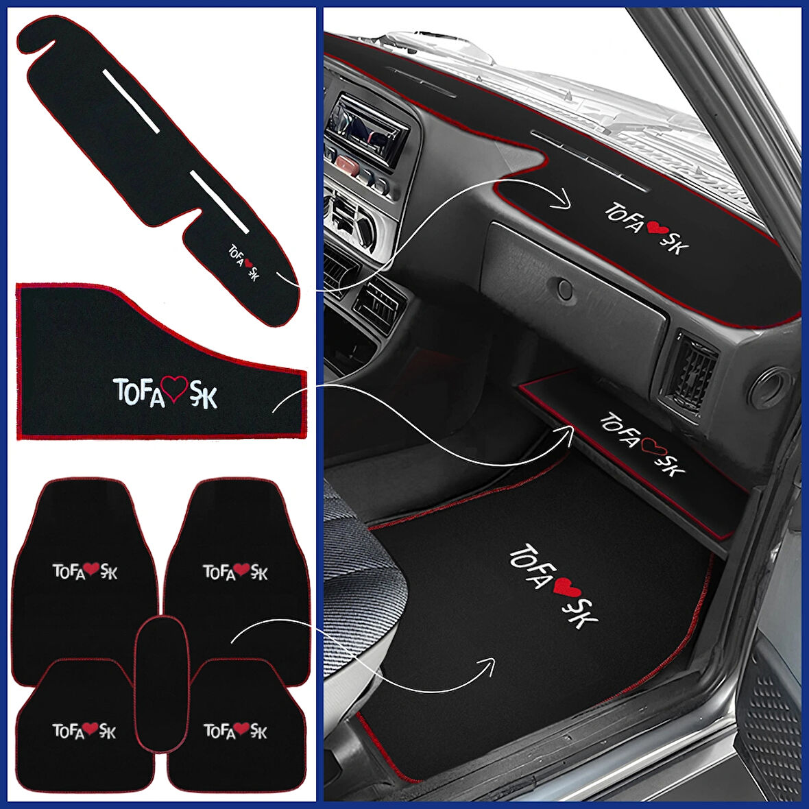 Tofaş Şahin Doğan Kartal Nakışlı Oto Halı Paspas Seti & Yüksek Torpido Kaplama Halısı & Sehpa Örtüsü