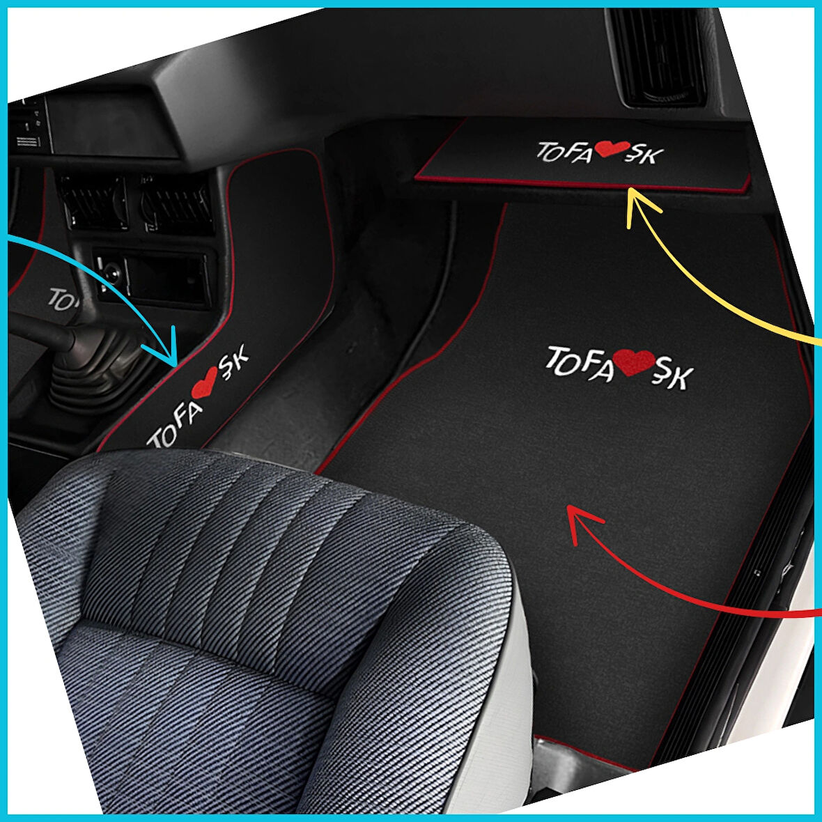 Tofaş Şahin Doğan Kartal Nakışlı Siyah Oto Paspas & Vites Konsol Halısı & Torpido Alt Sehpa Örtüsü