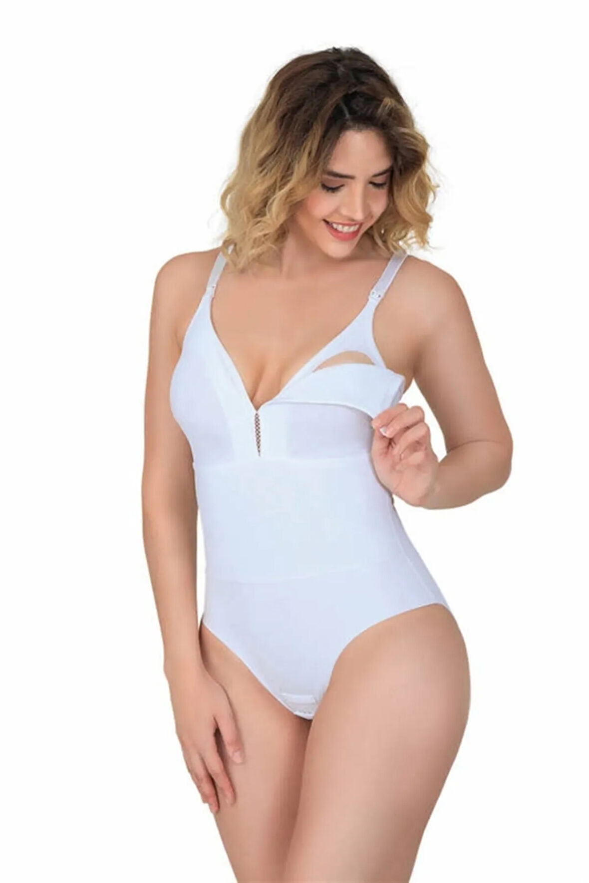 Kadın Beyaz Sırt Destekli Üstten Açılabilen Emzirme Body 2944