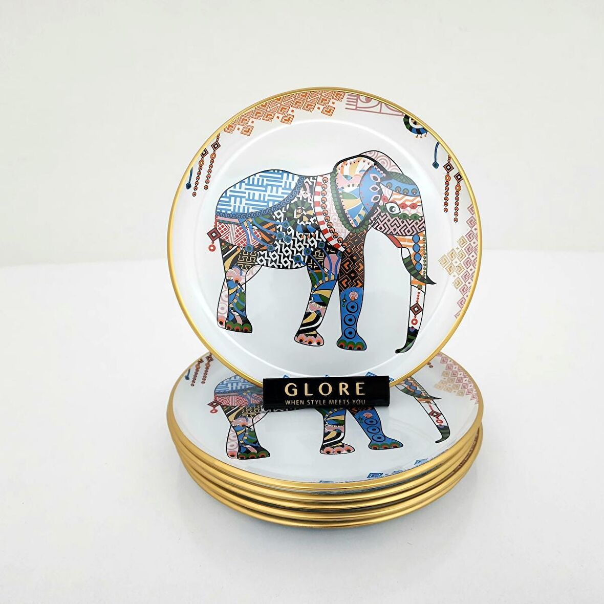 Glore Elephant Altın Yaldızlı Cam Servis Tabağı Takımı