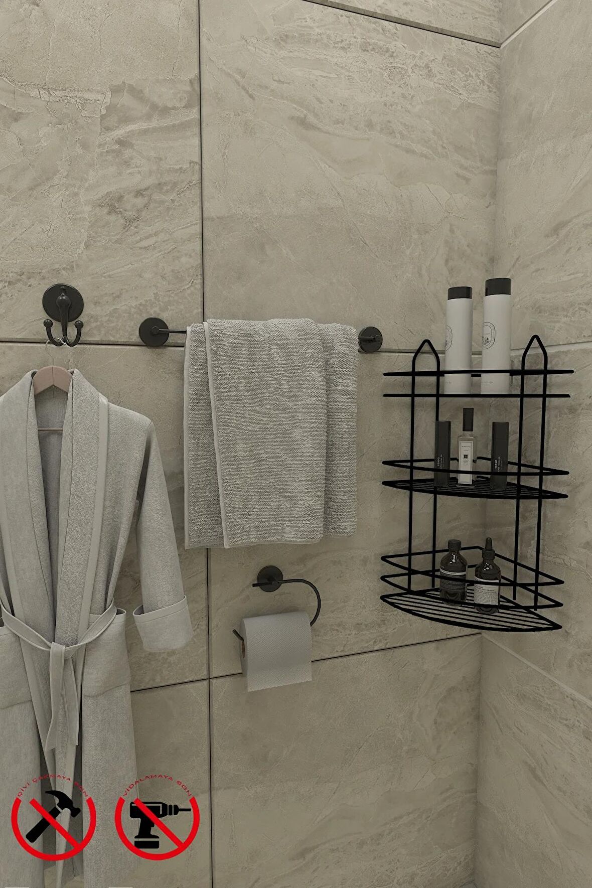 Yapışkanlı Siyah 3 Katlı Banyo Köşe Rafı EK03, Lotus Kağıtlık, Uzun Havluluk, Lüx Bornoz Askılık