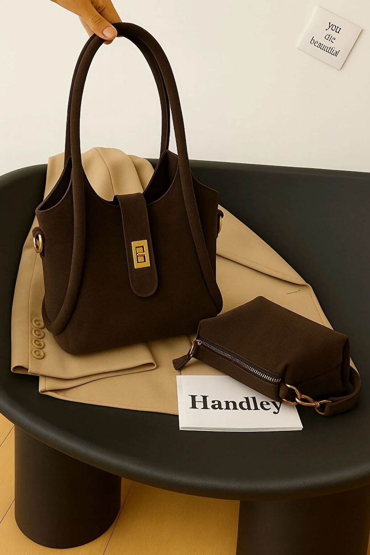 Minimalist Kadın Çanta Seti – Şık Tote & Makyaj Çantası Hediyeli