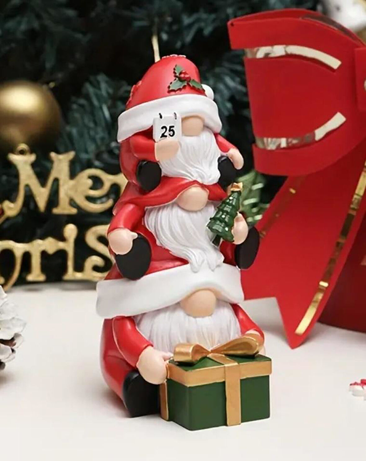 Dekoratif Üçlü Şans Cücesi Noel Babalar Yılbaşı Süs Masa Dekoru Biblo Yeni Yıl Aksesuar