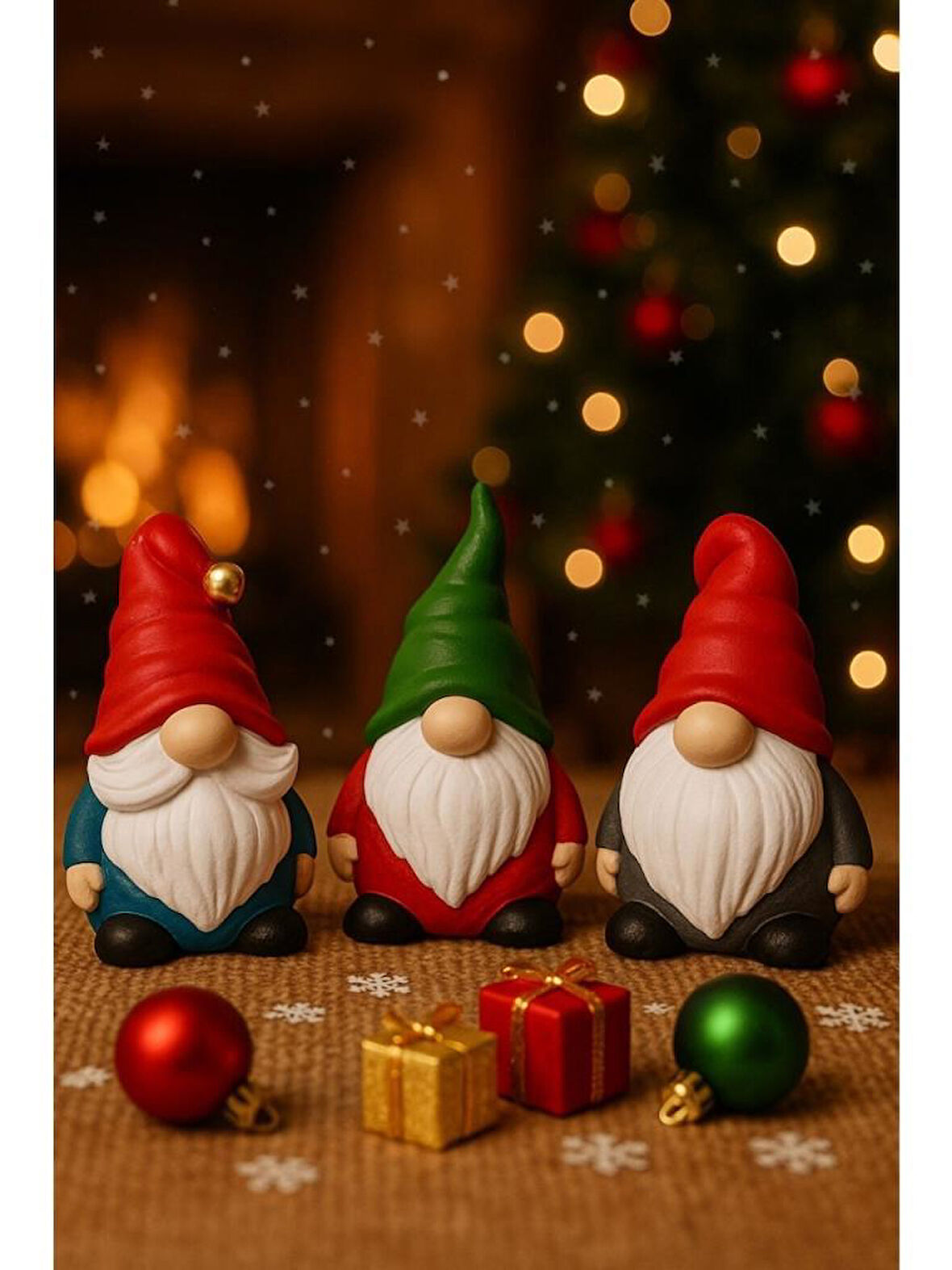 Dekoratif Üçlü Şans Cücesi Set Biblosu Noel Dekorasyon Yılbaşı Figürü Hediyelik Yeni Yıl Süsü