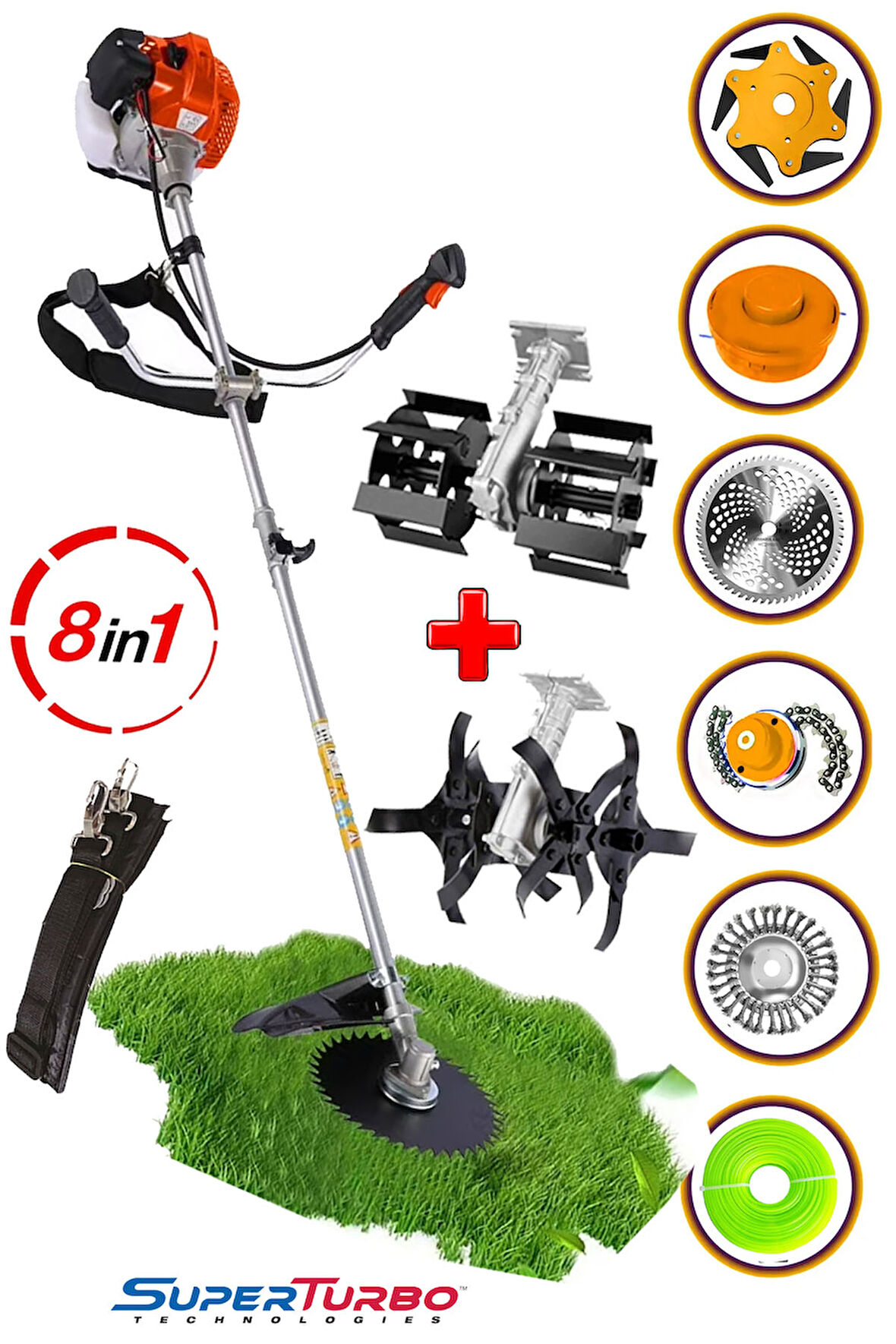 20HPX 8IN1 8 Multi Başlıklı Benzinli Yan Tip Tırpan Ot Biçme Çapalama Makinesi + 2 Super Çapa Seti