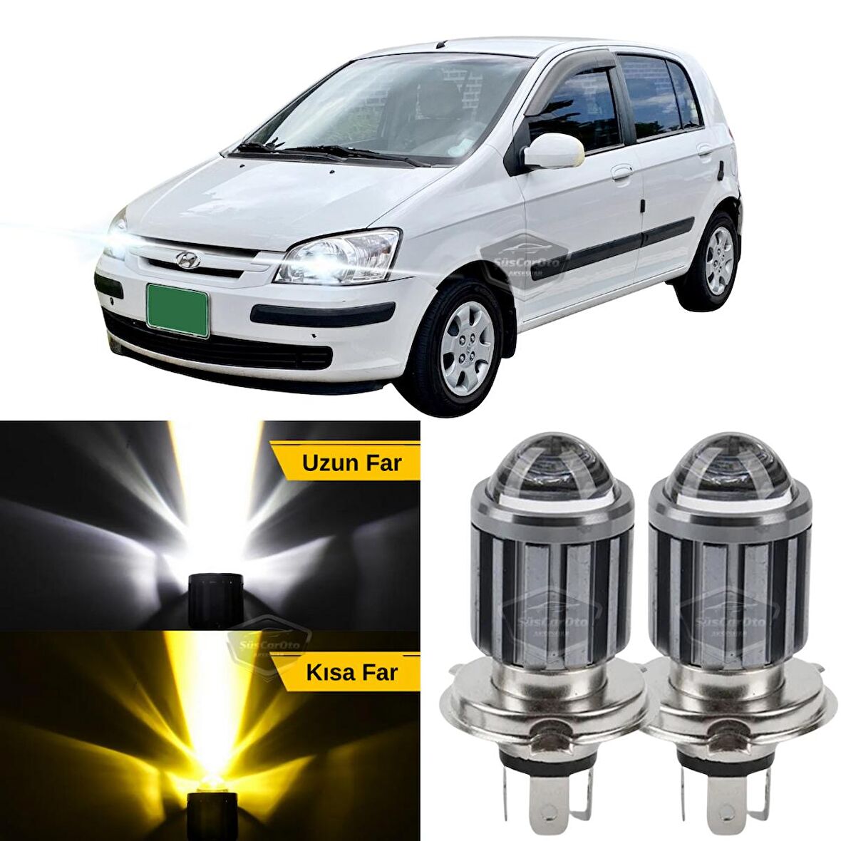 Hyundai Getz 2002–2011 Uyumlu Mercekli Far Ampulü Led Xenon Çift Renk Sarı-Beyaz Far Şimşek Etkili CSP Led Lamba Uzun Kısa 2 Adet Takım