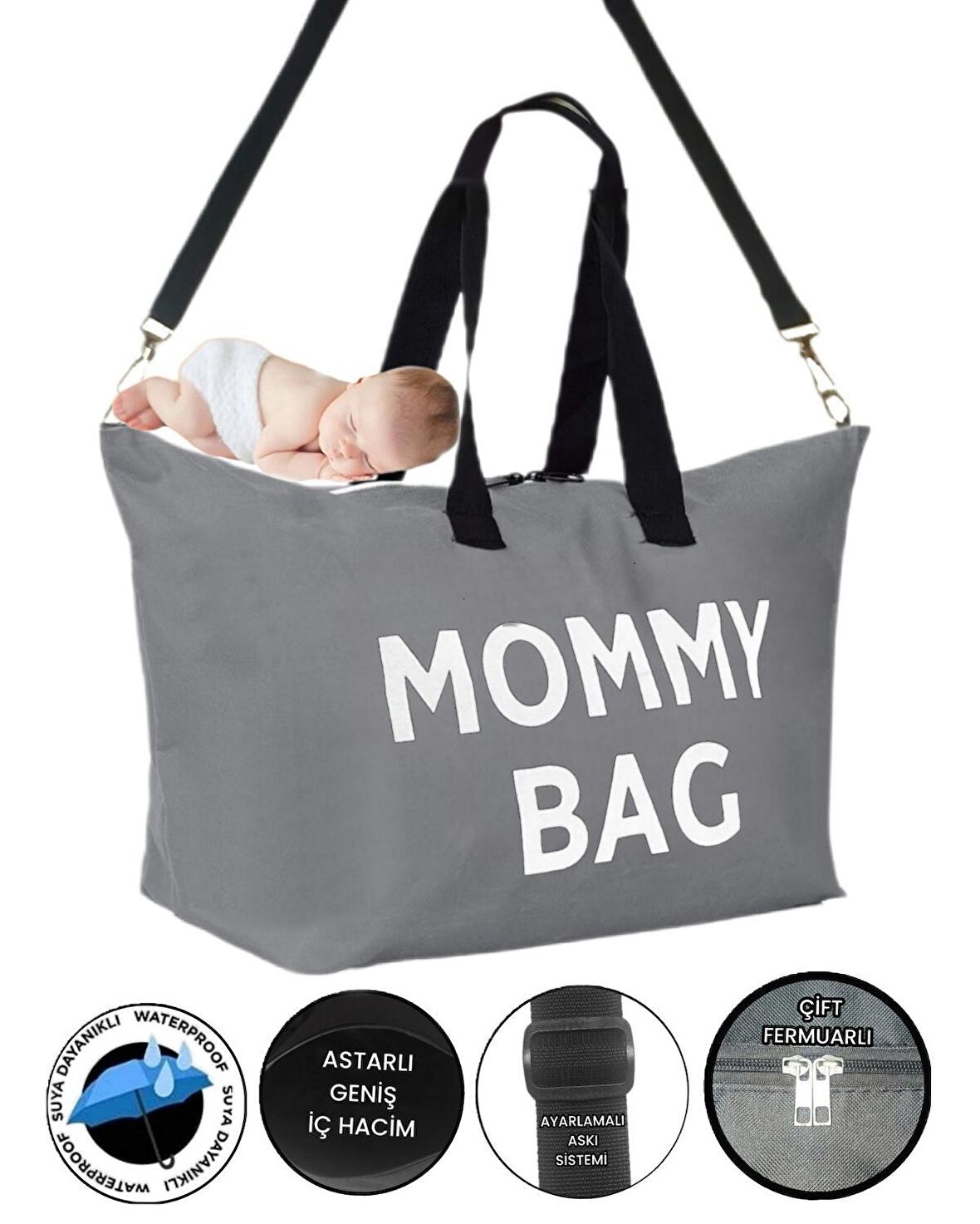 Sevbags Momy Bag Çok Amaçlı Unisex Bebek Bakım Çantası Açık Gri