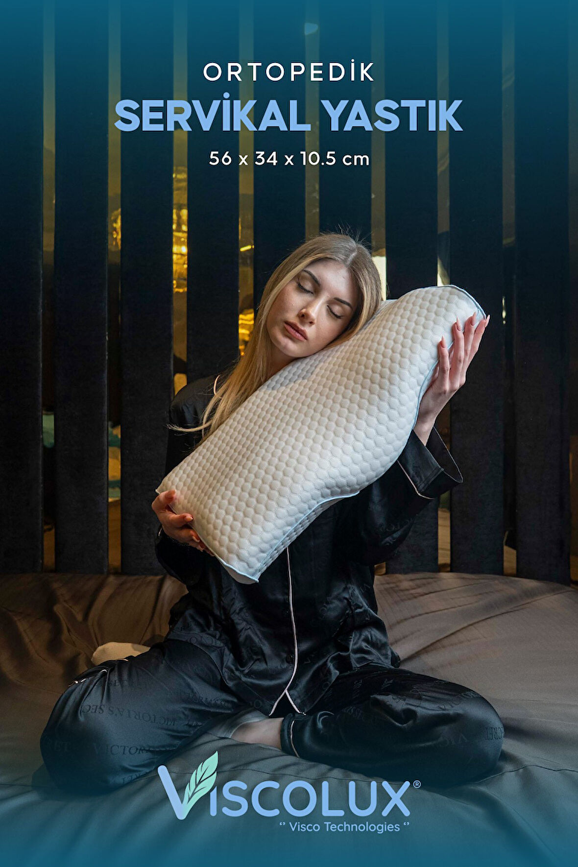 Servikal Boyun Destekli Ortopedik Yastık - Boyun Düzleşmesi Visco Yastık Pembe 56x34x10,5