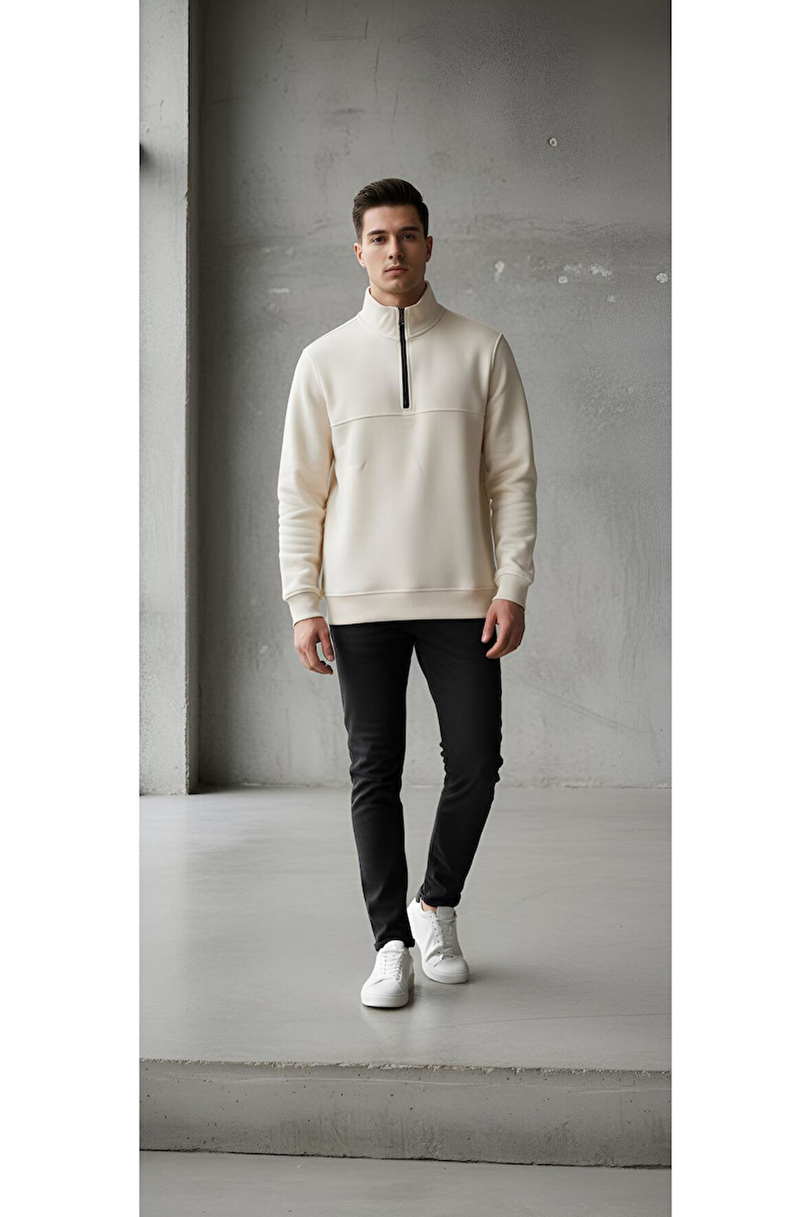 DİK YAKA YARIM FERMUARLI PAMUKLU 3 İPLİK ŞARDONLU SWEATSHİRT
