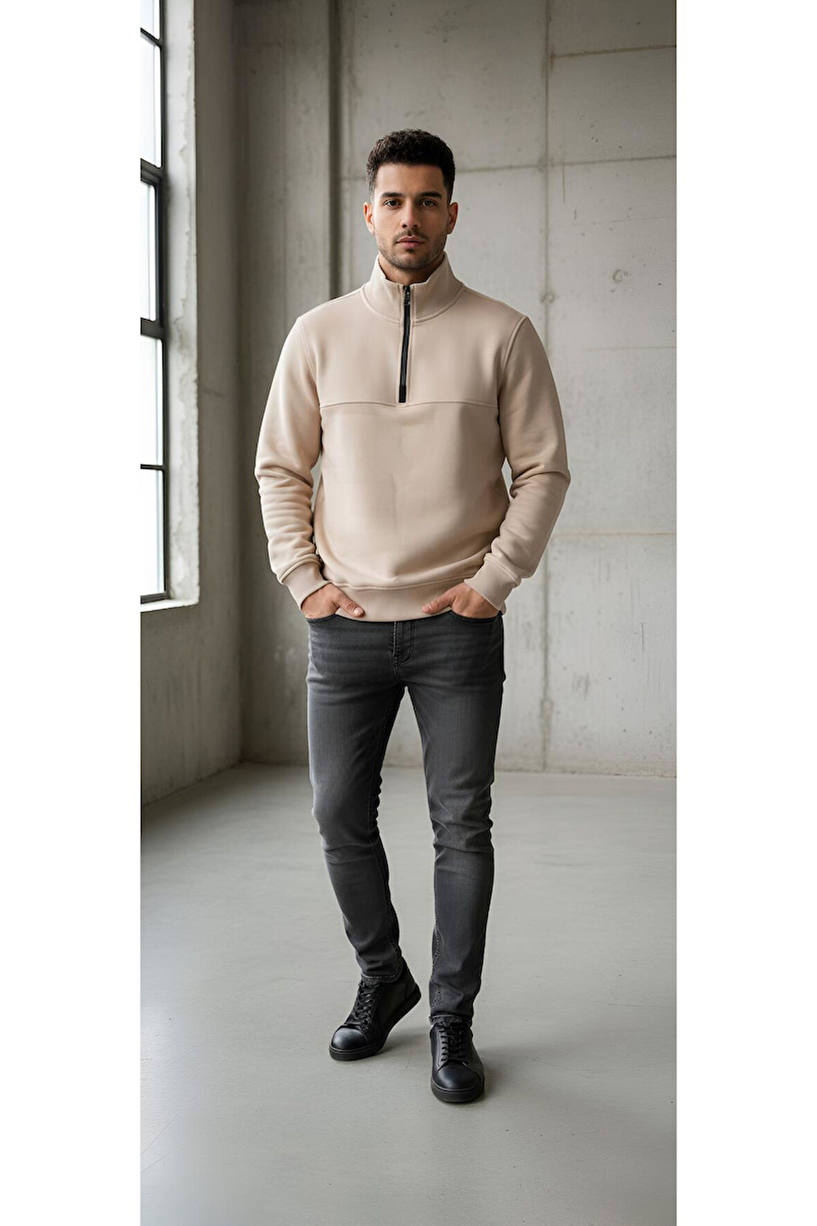 DİK YAKA YARIM FERMUARLI PAMUKLU 3 İPLİK ŞARDONLU SWEATSHİRT