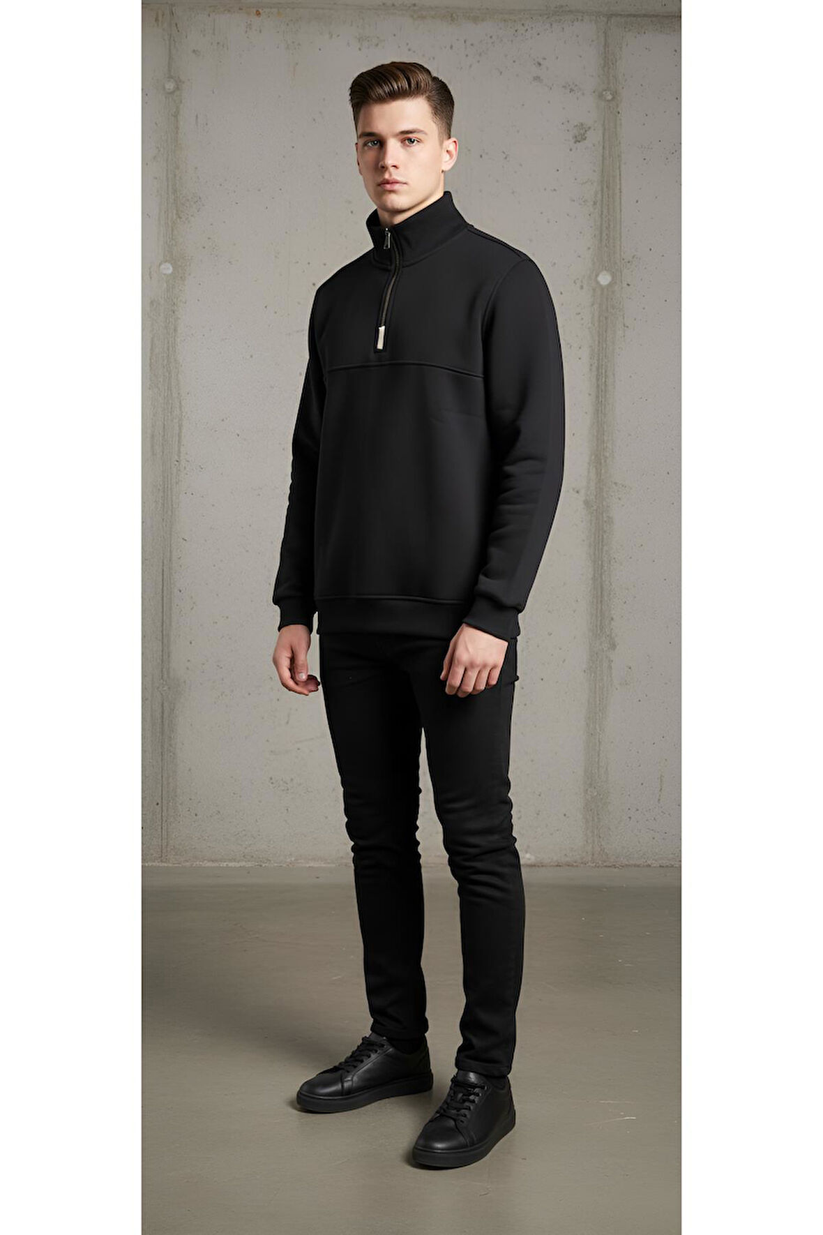 DİK YAKA YARIM FERMUARLI PAMUKLU 3 İPLİK ŞARDONLU SWEATSHİRT