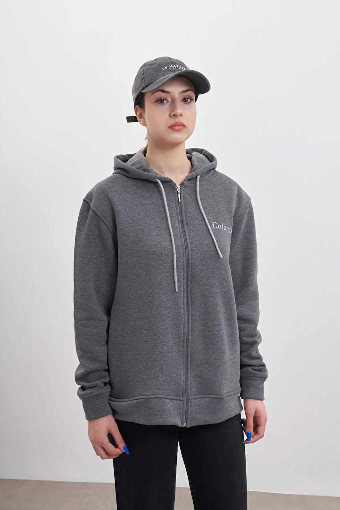 Unisex Fermuarlı Kapüşonlu Sweatshirt Şardonlu