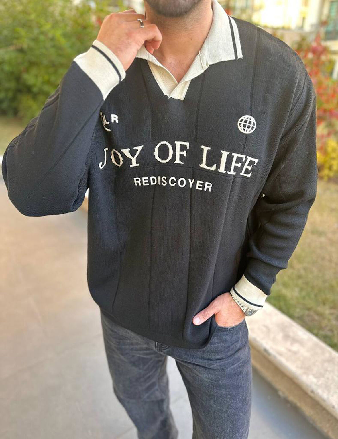Kazak Oversize Polo Yaka Desenli Triko Yumuşak Dokulu Tüylenmez Nakış Detaylı Sweatshirt