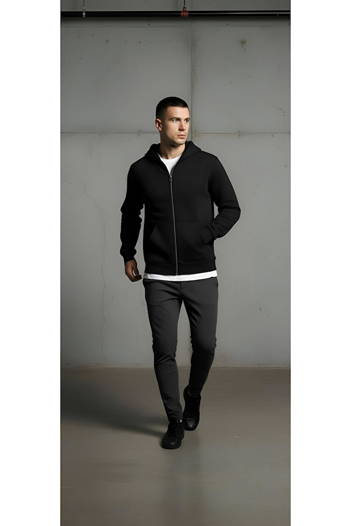 KAPÜŞONLU PAMUKLU 3 İPLİK ŞARDONLU CEPLİ TAM FERMUARLI ERKEK SWEATSHİRT