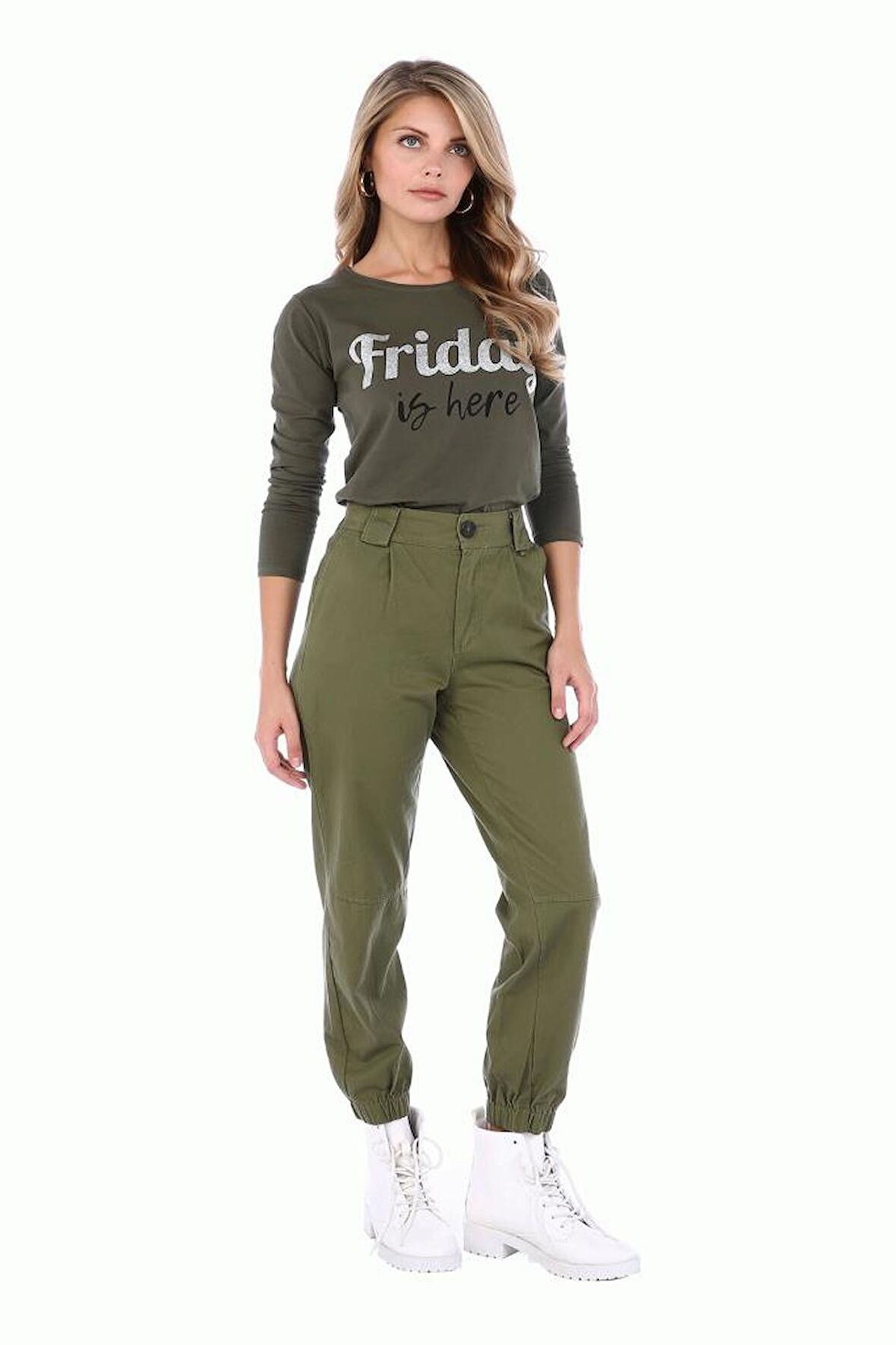 Bisiklet Yaka Uzun Kollu Friday Baskılı Haki Kadın Tişört