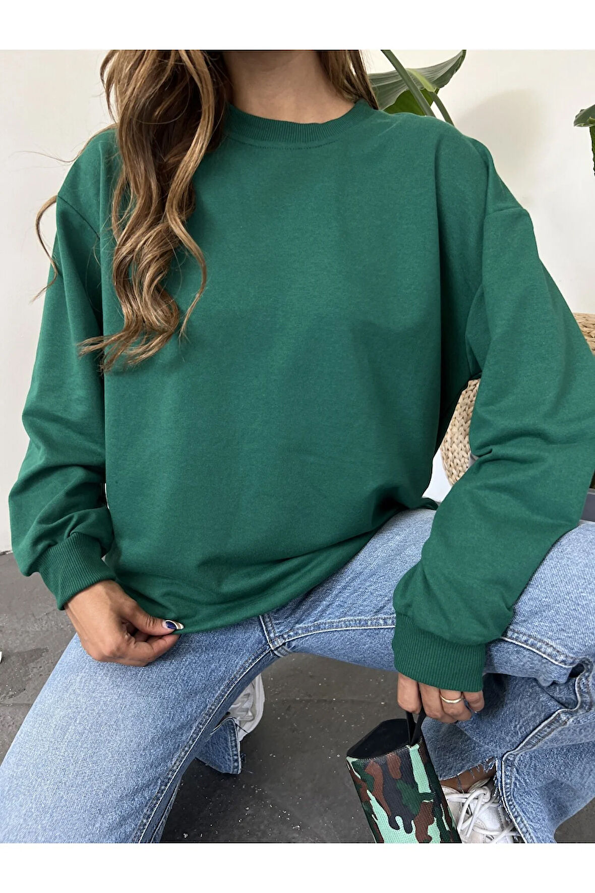 Kadın Bisiklet Yaka İki İplik Oversize Sweatshirt 