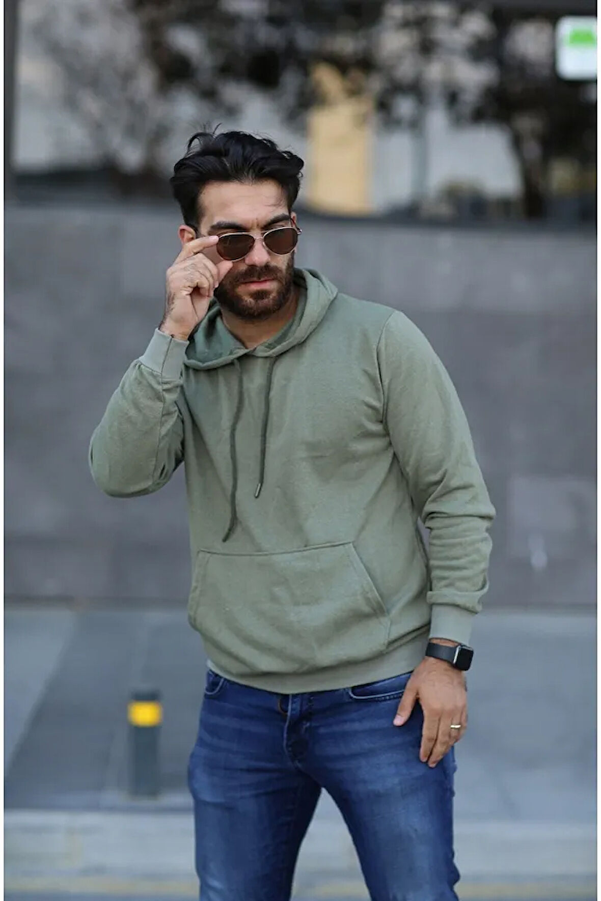 Haki Kapşonlu Erkek Sweatshirt