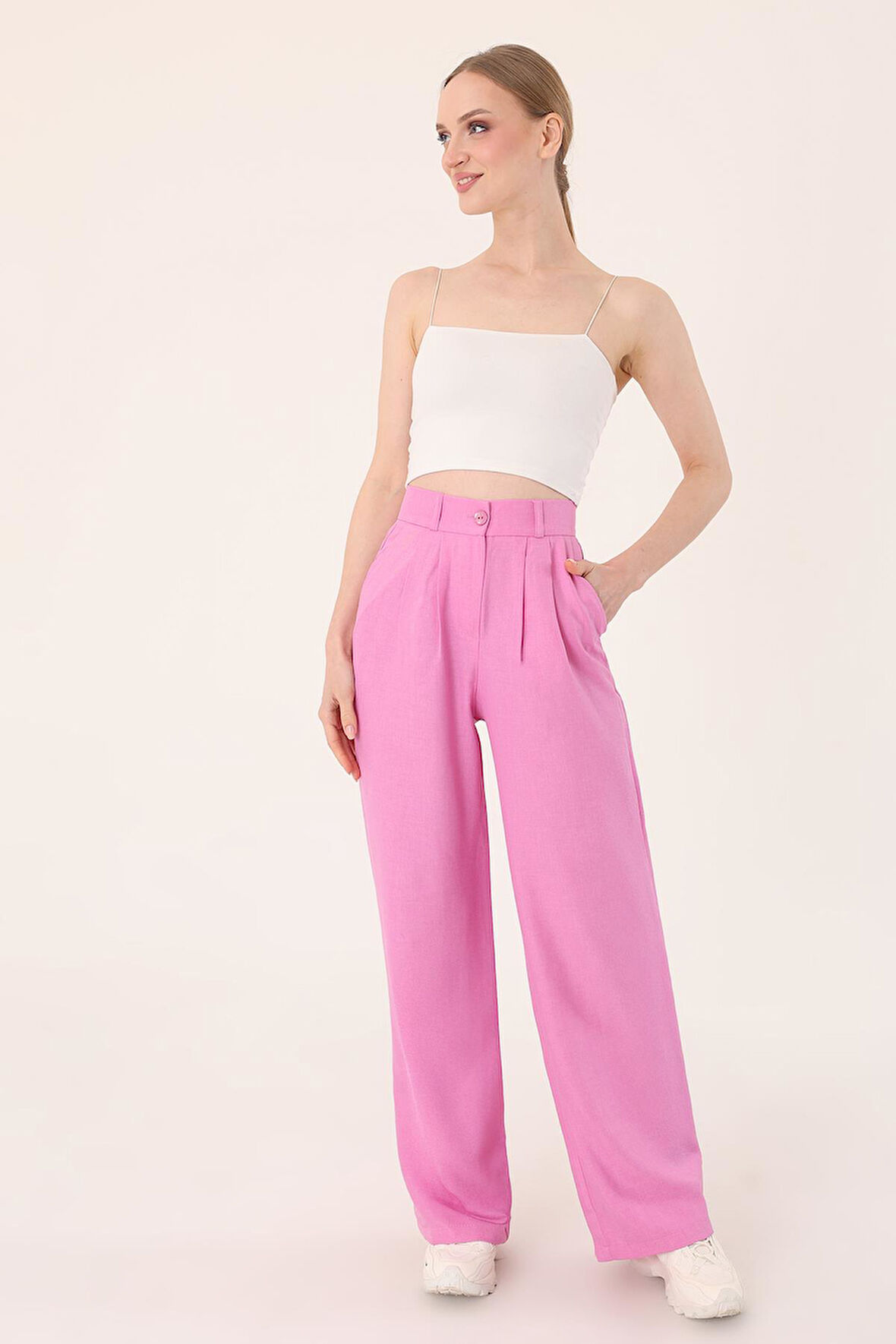 Kadın Pembe Yüksek Bel Keten Palazzo Pantolon