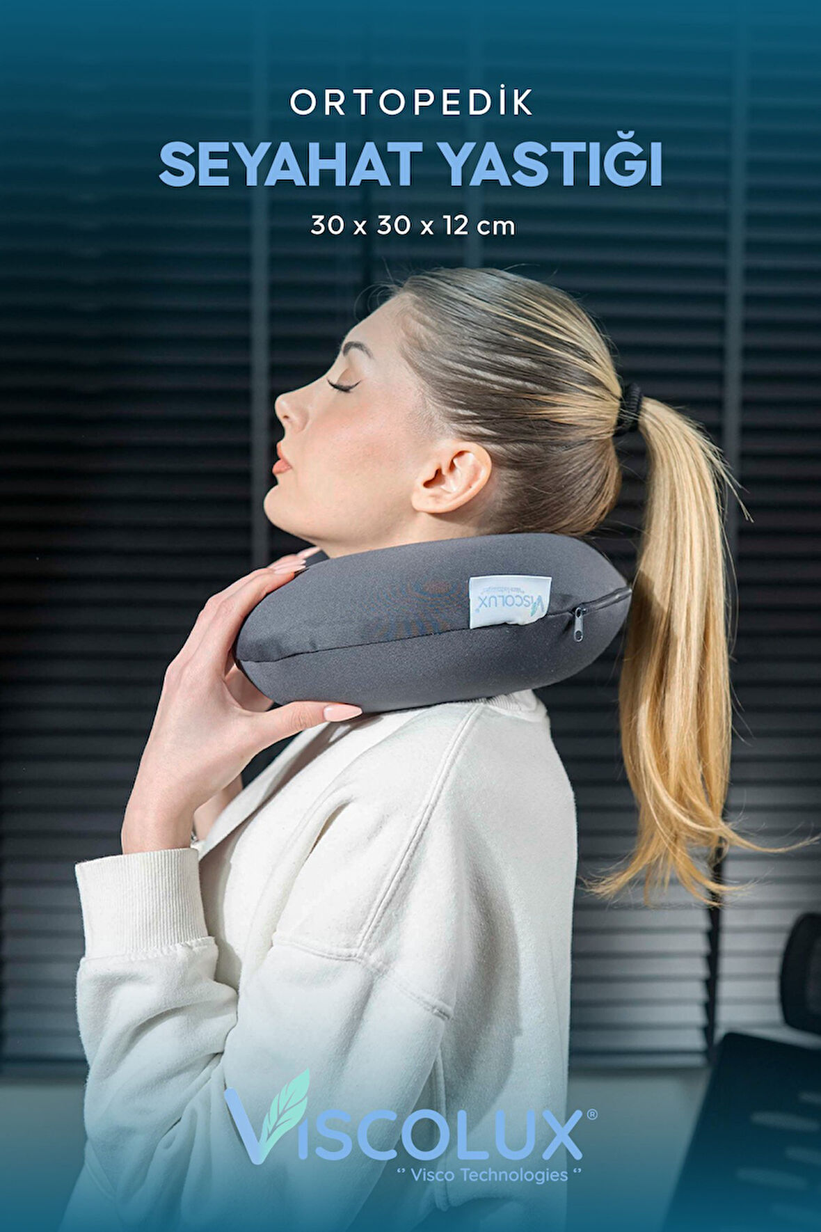 Ortopedik Visco Seyahat Yastığı - Visco Boyun Destekli Yastık Mavi 30x30x12