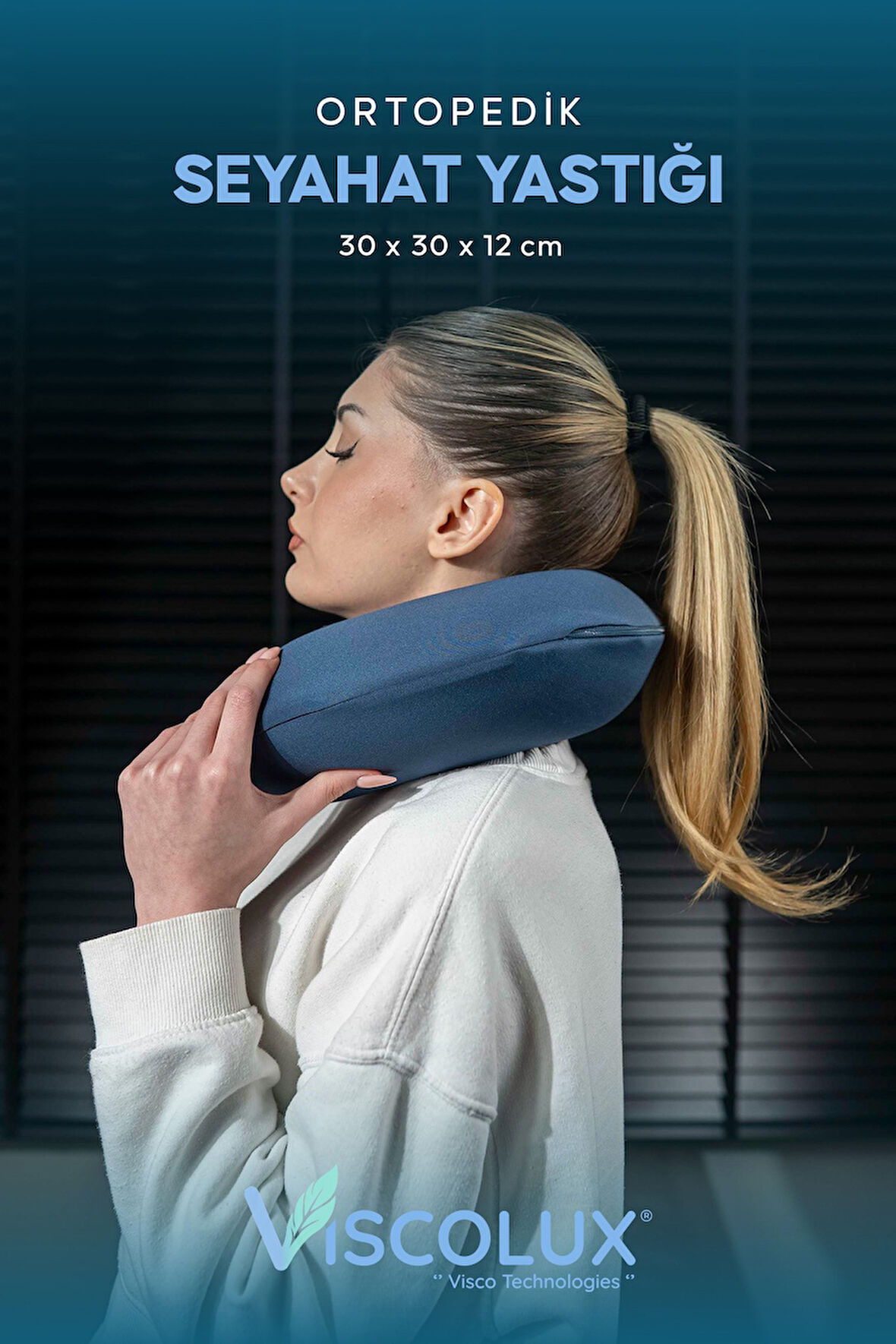 Ortopedik Visco Seyahat Yastığı - Visco Boyun Destekli Yastık Mavi 30x30x12