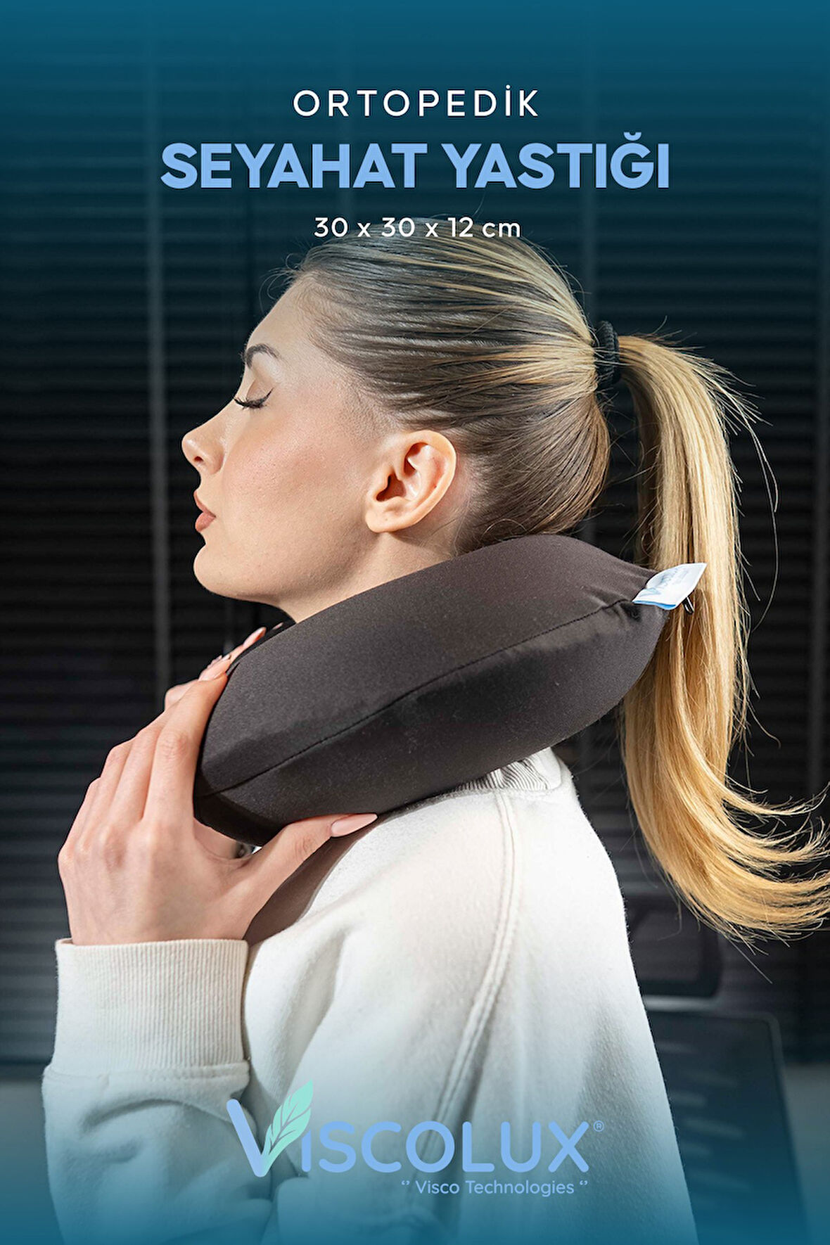 Ortopedik Visco Seyahat Yastığı - Visco Boyun Destekli Yastık Mavi 30x30x12