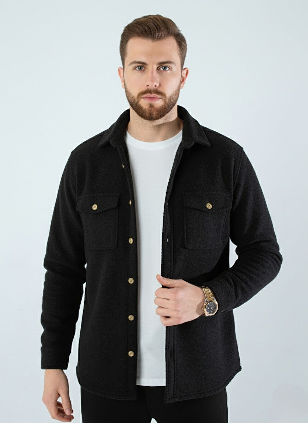 Erkek Slim Fit Düğmeli Yaka Çift Cepli Düz Siyah Polar Erkek Gömlek