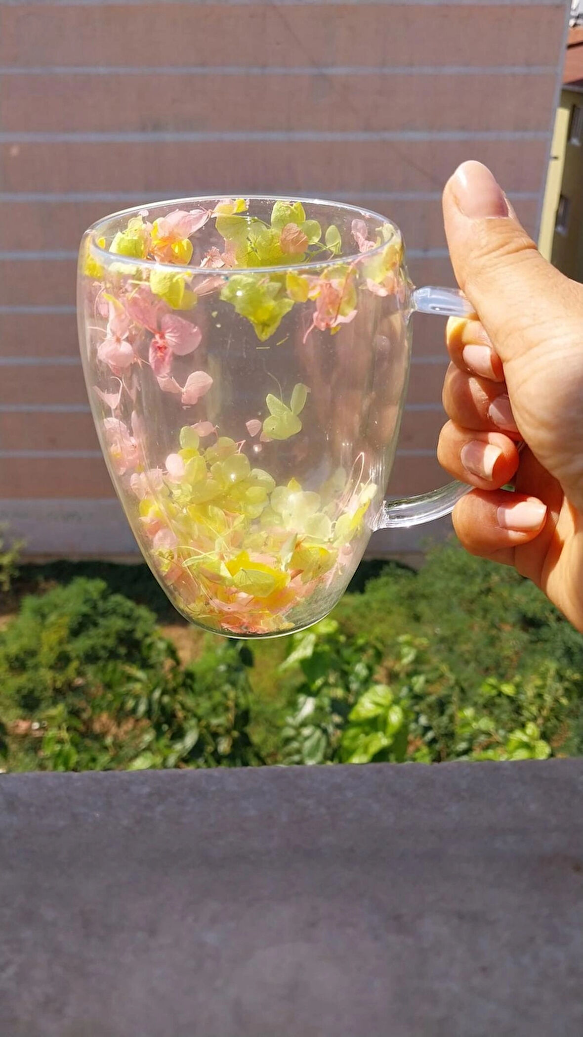 Isıya Dayanıklı Çift Cidarlı Kurutulmuş Canlı Çiçekli Kupa (Sarı&Pembe&Yeşil)